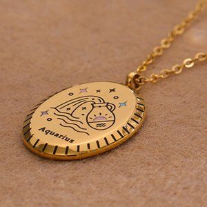 AQUARIUS--NEW 18K Gold Plated Sign Zodiac Oval Pendant Necklace